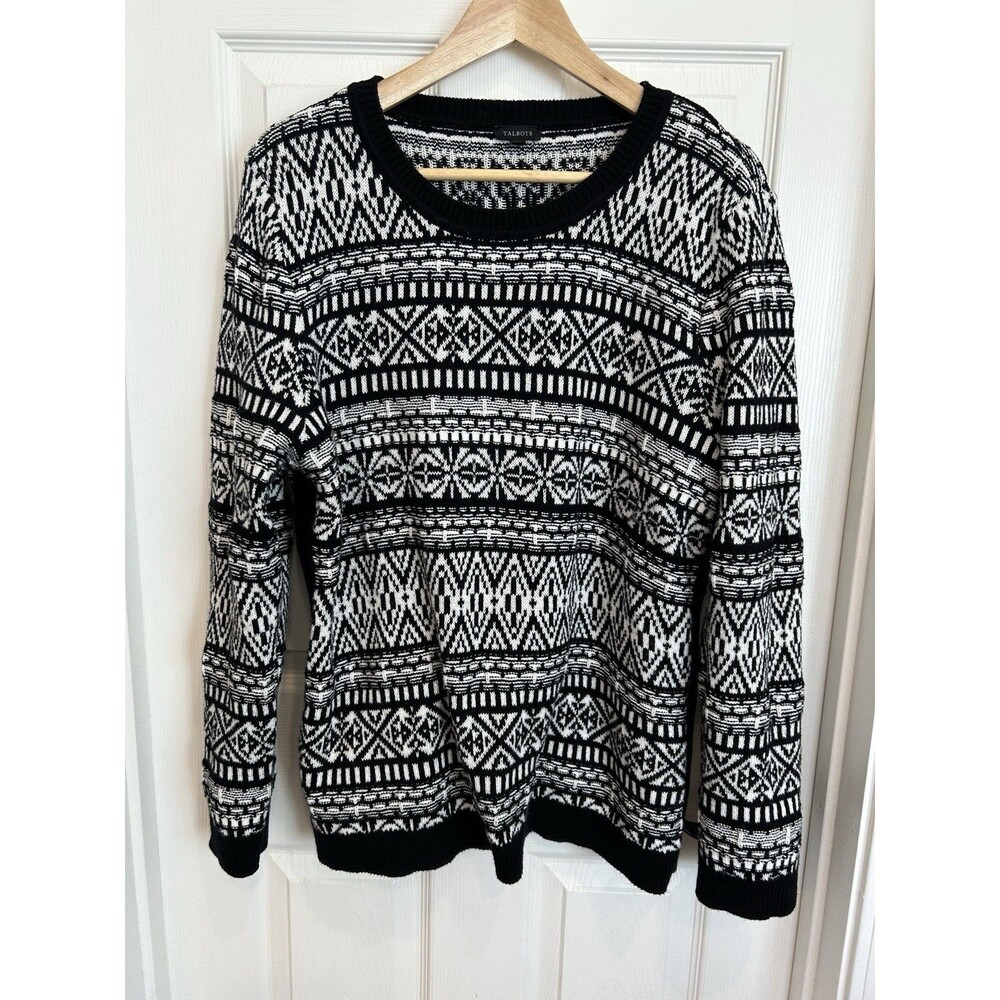 Talbots Black and White Fair Isle Crew Neck Sweater Women's XL Cozy Warm